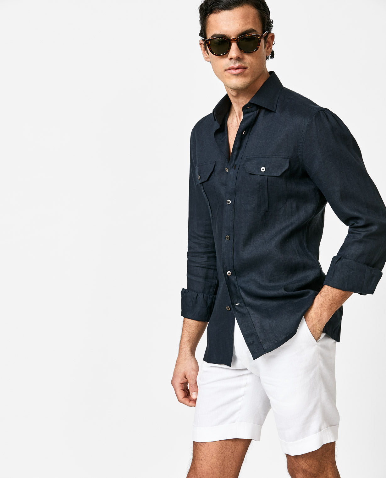 Navy linen shirt white linen bermuda shorts – EUROMODA